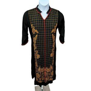 Psyna Black and Pink Piping Rayon Kurta Size XL